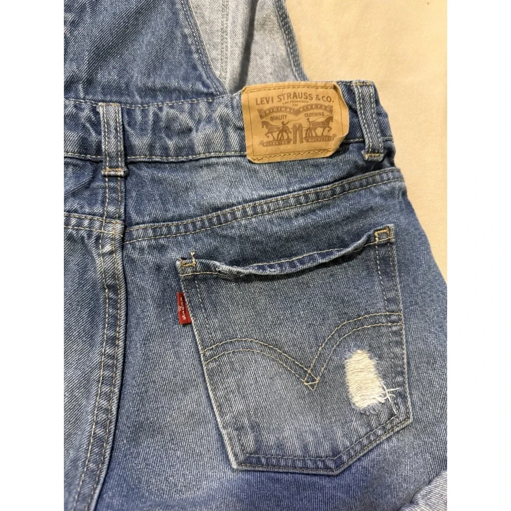 Levis Girls Denim Shortalls Bib Overall Shorts Country Distressed Size 7 12